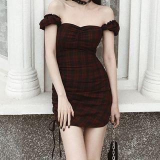 Cap-sleeve Plaid Drawstring Mini Dress