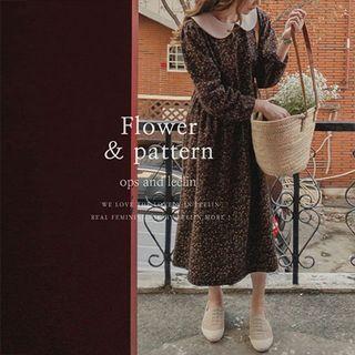 Contrast-collar Floral Flared Long Dress