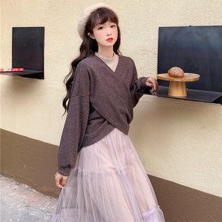 V-neck Sweatshirt / Long-sleeve Midi A-line Mesh Dress