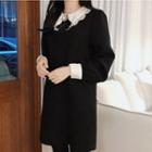 Crochet Trim Collar Velvet Long-sleeve A-line Dress