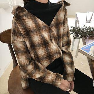 Check Mock-two Turtle-neck Loose-fit Long-sleeve Blouse