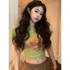 Short-sleeve Flower Print Cropped T-shirt / Plain High-waist Straight Leg Pants