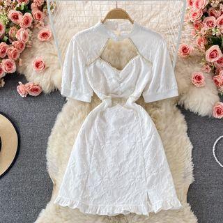 Short-sleeve Faux Pearl Cut Out Mini A-line Dress