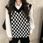 V-neck Plaid Sweater Vest Black & White - One Size