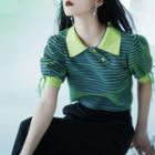 Puff-sleeve Collar Striped T-shirt