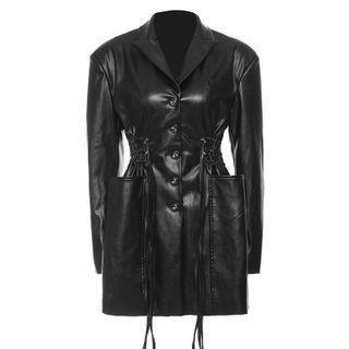 Collar Pocketed Button Faux Leather Jacket
