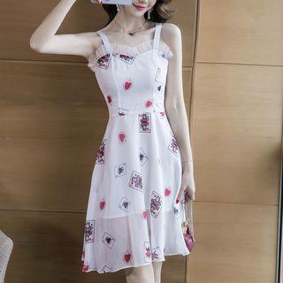 Wide Strap Card Print Chiffon Dress