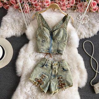 Set: Denim Crop Tank Top + High Waist Denim Shorts