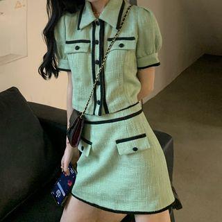 Short-sleeve Contrast Trim Crop Shirt / Mini Skirt