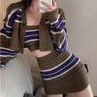 Strapless Striped Knit Top / Mini Pencil Skirt / Cardigan