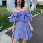 Elbow-sleeve Off-shoulder Striped Mini A-line Dress