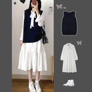 Set: Knit Vest + Collared Long-sleeve Midi Shift Dress