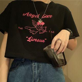 Short-sleeve Cupid Print Cropped T-shirt