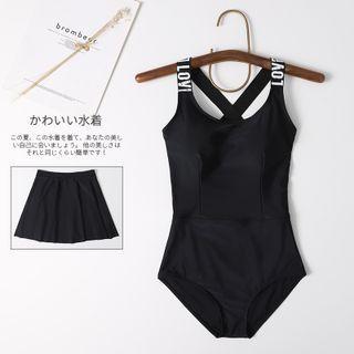 Set: Lettering Cross-back Swimsuit + Swim Skirt