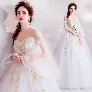 Ruffle Sleeve Off-shoulder Embroidered Ball Gown