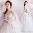 Ruffle Sleeve Off-shoulder Embroidered Ball Gown