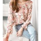 Frilled-collar Floral Print Blouse Pink - One Size