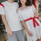 Couple Matching Two-tone Short-sleeve T-shirt / Cold Shoulder Short-sleeve A-line Dress