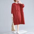 Puff-sleeve Midi Shirt Dress Red - One Size