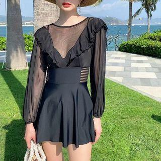 Puff-sleeve Ruffled Mesh Panel Swimdress