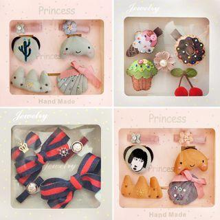 Set Of 6: Fabric Cartoon Hair Clip + Hair Tie