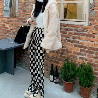 Long Sleeve Fleece Jacket / Plaid Slit Pants