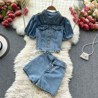 Set Of 2 : Cutout Denim Top + Denim Shorts