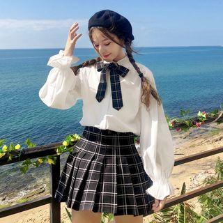 Plain Shirt With Bow / Plaid Mini A-line Pleated Skirt