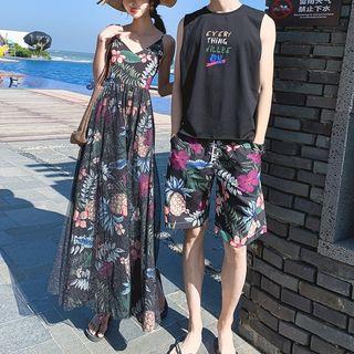 Couple Matching Print Shorts / Tank Top / Spaghetti Strap A-line Maxi Dress