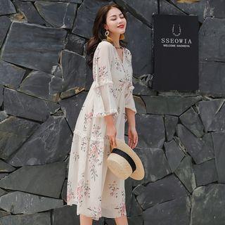 Set: Floral Long-sleeve Midi A-line Dress + Slipdress