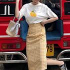 Lemon Print Elbow-sleeve T-shirt / Contrast Trim Printed Short-sleeve T-shirt / Checked Pencil Skirt