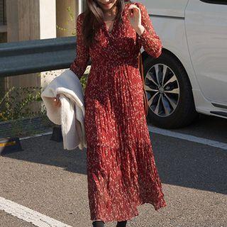 Floral Print A-line Midi Crinkle Dress Red - One Size