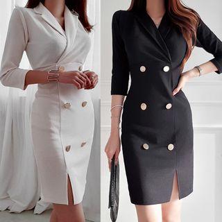 3/4-sleeve Double-breasted Sheath Coat Dress