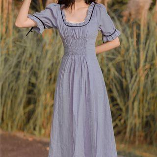 Short-sleeve Shirred Frill Trim Midi A-line Dress