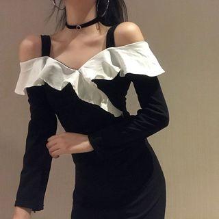 Long-sleeve Cold-shoulder Ruffle Mini Sheath Dress Black - One Size