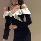 Long-sleeve Cold-shoulder Ruffle Mini Sheath Dress Black - One Size