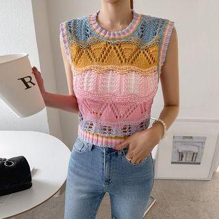 Round-neck Open-knit Vest Pink - One Size