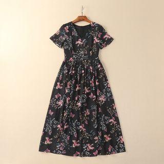 Short-sleeve Floral Pleated Midi Dress