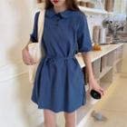 Plain Short-sleeve Tie-waist Mini Polo Dress