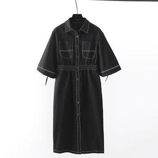 Lantern-sleeve Midi Denim A-line Dress