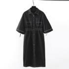 Lantern-sleeve Midi Denim A-line Dress