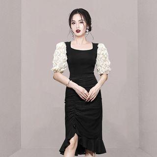 Set: Puff-sleeve Panel Top + Ruffle Trim Midi Pencil Skirt