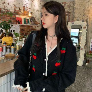 Long-sleeve Contrast Trim Cherry Print Cardigan