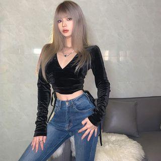 Long-sleeve Velvet Drawstring Top
