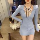 Set: Long-sleeve Knit Sheath Dress + Lace Camisole Top