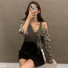 Plaid Shirt / Cable Knit Vest / Mini Skirt / Set