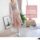 Elastic Waist Slit-front Plain Midi Skirt