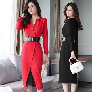 Set: Spaghetti Strap Midi Lace Dress + Long-sleeve Midi Slit Dress + Belt