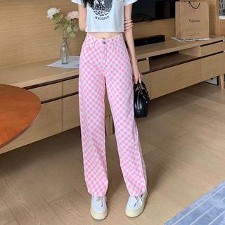High Waist Check Straight Leg Jeans