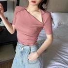 Plain Short-sleeve Asymmetric Neckline T-shirt